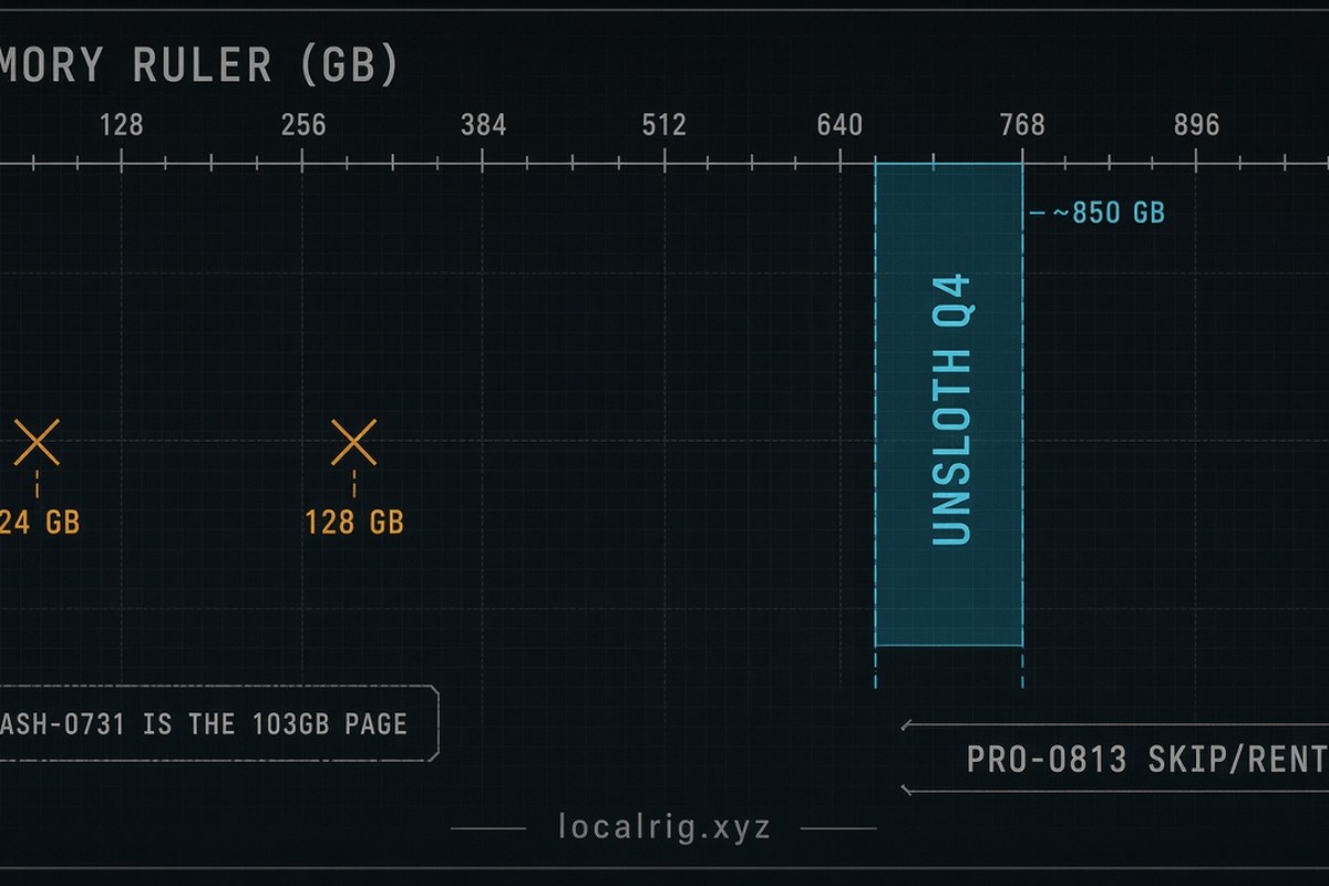 Skip consumer GPUs; Unsloth Q4 is ~850 GB-class — rent